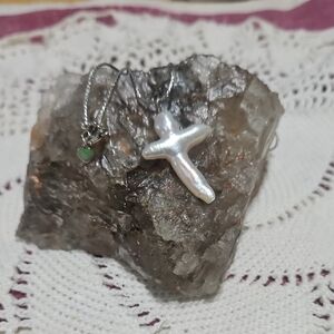 White Cultured Freshwater Pearl Cross On A 14k Italian White Gold Chain